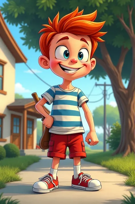 Create a Cartoon style image of a red-haired boy, nine years old, with freckles on his face and a naughty face, wearing a white blue t-shirt with horizontal stripes, red shorts, white socks and red converse style sneakers on his feet. He is holding a sling...