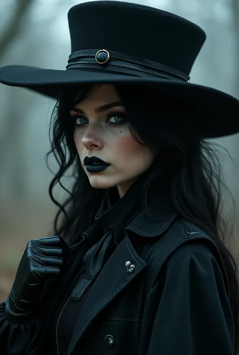 (masterpiece, top quality, best quality, official art, beautiful and aesthetic:1.2), (1woman) [adult necromancer witch with dark hair and highly detailled black fantasy clothing, vest and  flat top-hat with a small brim, dark lips, mysterious aura, gloves,...