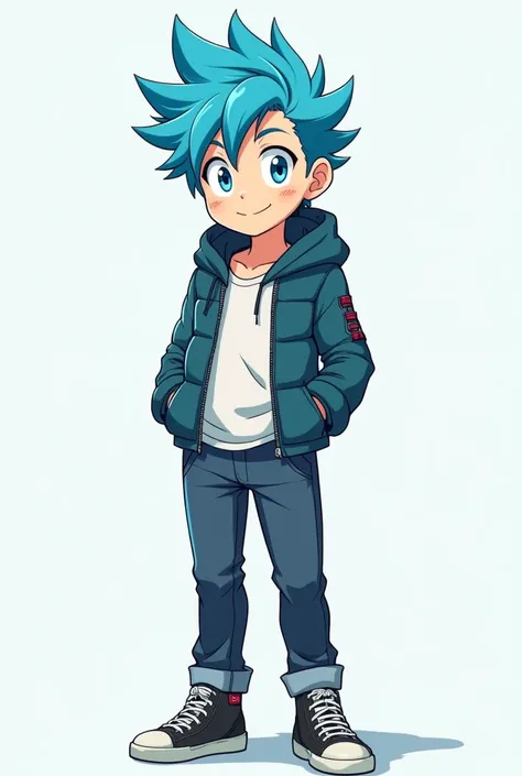  Create for me a blue-haired male anime character with a full body, Young, And a cheerful expression