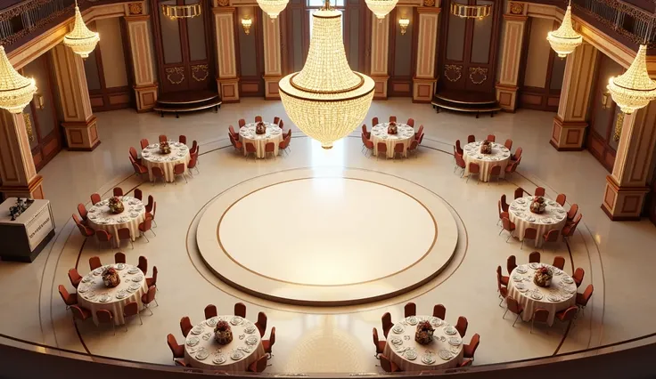 A detailed 3D-rendered image of a luxurious venue hall layout. The space includes a central oval dance floor surrounded by 10 round tables, each set for 8–10 guests with elegant table settings and plush chairs. A grand chandelier hangs prominently in the c...