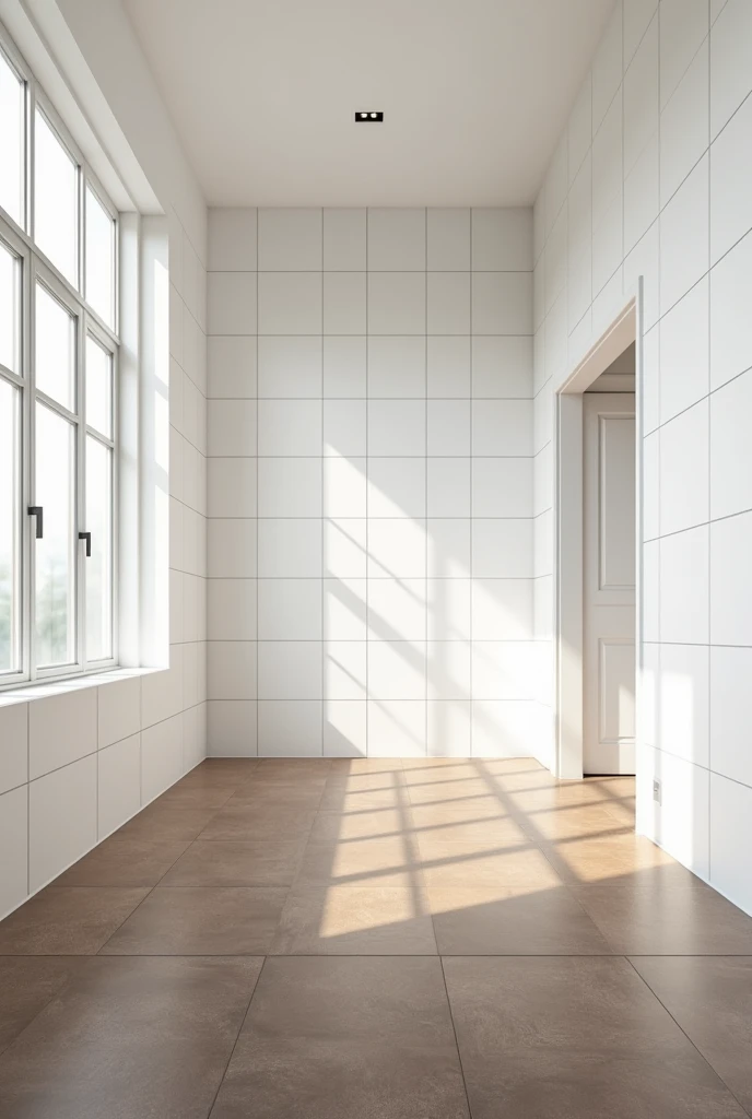 " A large and spacious room ,  with significantly large dimensions ,  design that conveys a sense of spaciousness .  The walls are covered with bright white tiles of up to 1.5 meters high,  while the rest is painted plain white .  The floor is covered with...