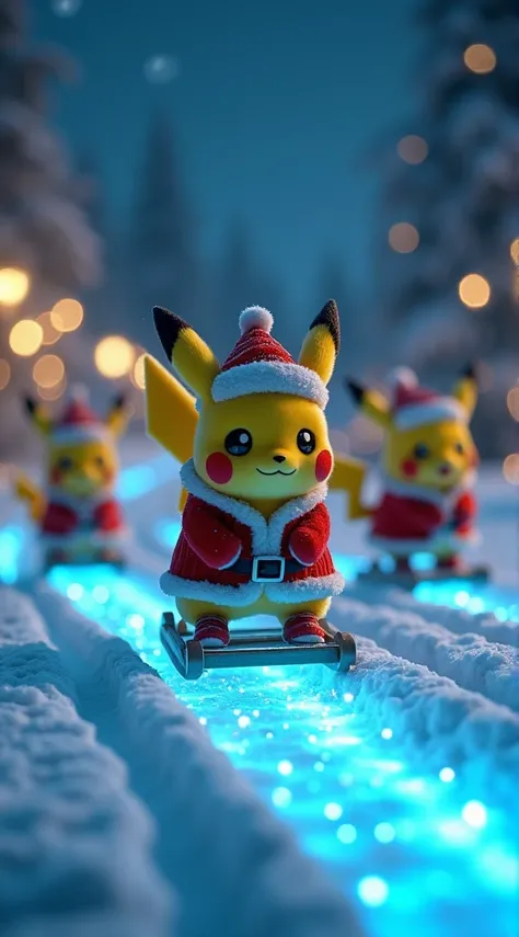 Little cute Pikachus are dressed as Santa Claus, riding lots of sleds drawn by reindeer, and running on fantastic snowy blue bioluminescent roads. Night twinkling lights background. Cinematic realistic, movie.