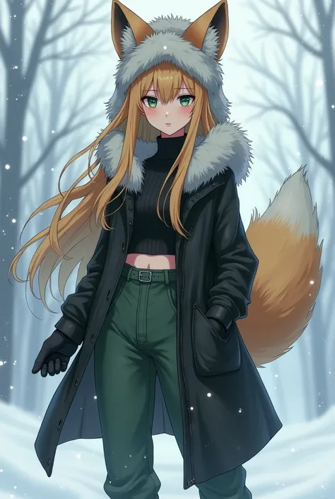  .Create an image of an anime girl, 19 years old, fox ears, fox tail , long hair, green eyes, very dark big circles under eyes, dark circles under eyes, blonde hair,  flet chest, leather black coat,  green trousers, black boots, wearing a Russian ushanka h...