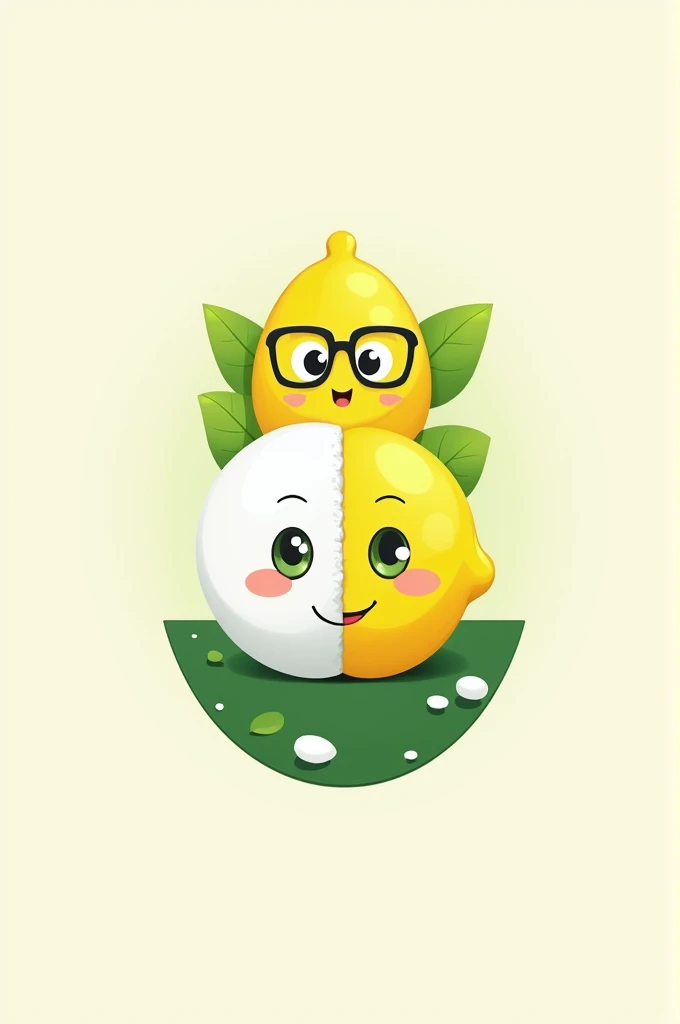 Logo type of SALT AND LEMON with green, yellow and white colors, a drawn lemon with glasses and a salt with beautiful eyes 