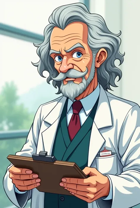 make an old man who has straight and curly hair, he has a goatee, he has a clipboard in his hand, anime style