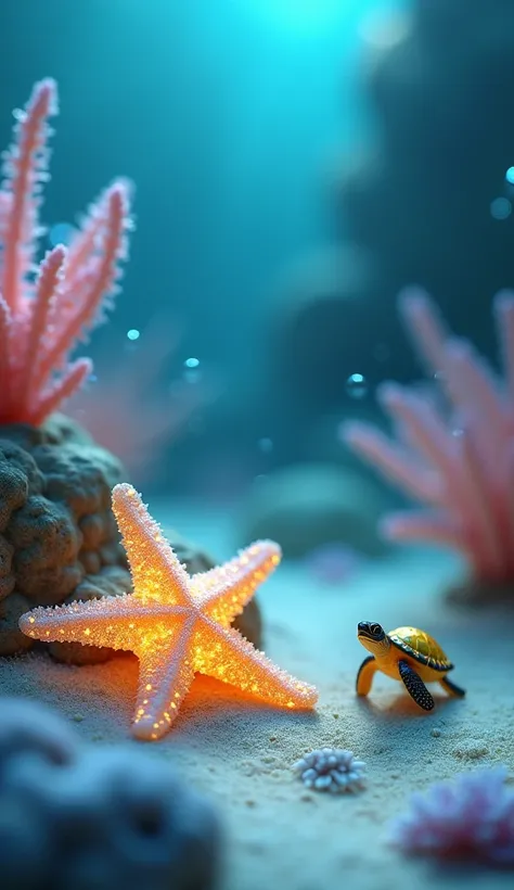 Design a mesmerizing underwater scene featuring a sparkling, miniature starfish resting gracefully on a soft, sandy ocean floor, its body glowing like a delicate diamond. Nearby, a tiny turtle with a radiant golden shell swims slowly, its gentle flippers g...