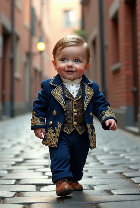 A baby boy with a very rich and very classy 3-piece suit, blue with gold decorations, who is parading in a hyperrealistic paved alley. 