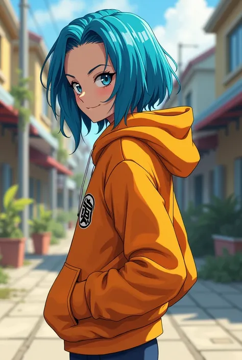 Make a female character looklike vegeta and bulma but with bulma hair ( shoulder length hair ). She is teenager with daily hoodie in dragonball