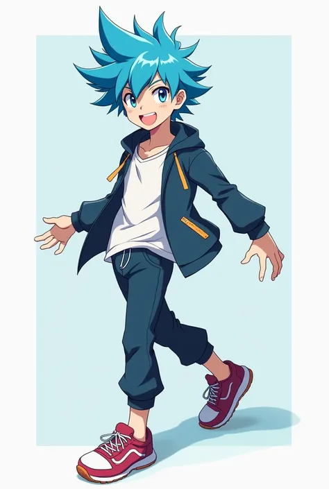  Create for me a blue-haired male anime character with a full body, Young, And a cheerful expression