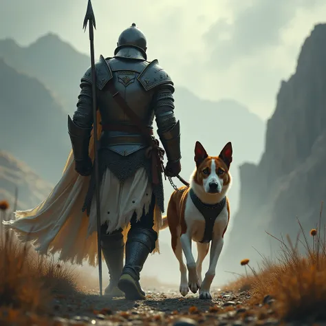 Un staffordshire terrier sable et blanc. Il marche avec un guerrier qui nous tourne le dos. Épique. 4k