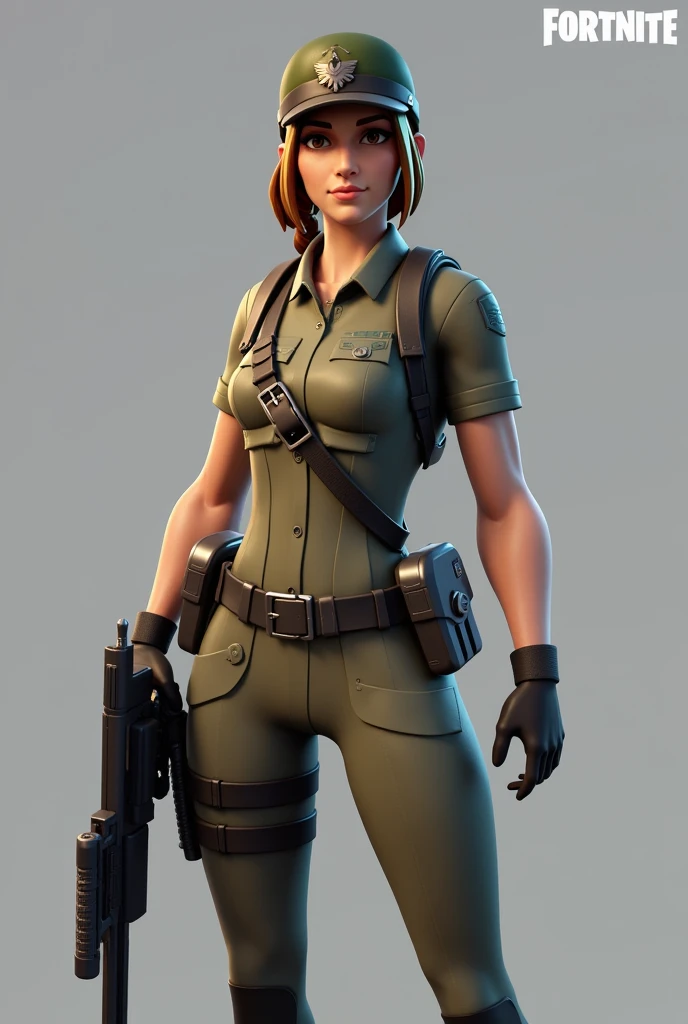 Fortnite game girl soldier dress with belt wears a soldier hat she carries a weapon in her hand she has brown hair and brown eyes 