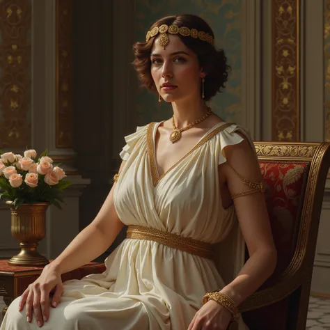  the goddess Athena with short brown hair sitting on a chair in the palace hall 、 wearing a long Greek wedding dress that covers up to the neck and a crown with a gold ring、Sitting on a chair in the palace saloon 。 has a vase with roses in front of her 。 h...