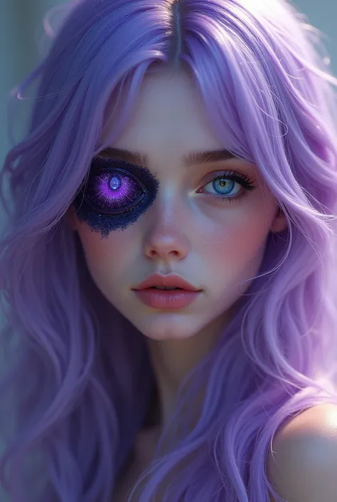 Purple-haired girl with a light purple gradient ,  blue right eye and a purple and black patch on her left eye