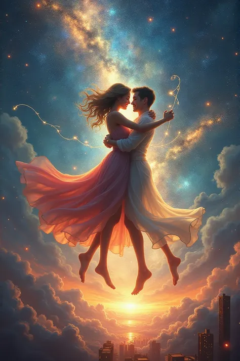 "A surreal image of two lovers floating in a cosmic embrace, surrounded by swirling galaxies and vibrant, colorful nebulas. They are illuminated by the glow of starlight, their forms intertwined as they dance weightlessly among the stars. Trails of laughte...