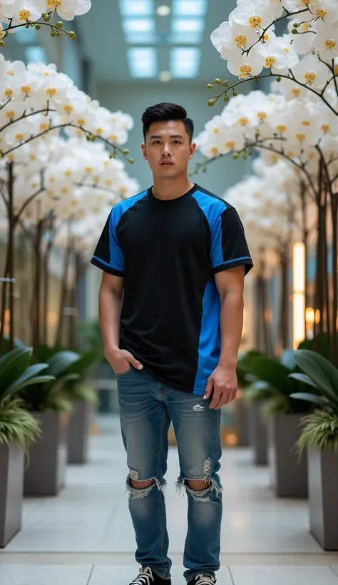 UHD.photography. a handsome Korean man , serious expression ,in front of the camera, neat short undercut hair , black blue baseball jersey,ripped jeans ,Jordan shoes ,walk in a bustling luxury mall with white orchid flower arrangements