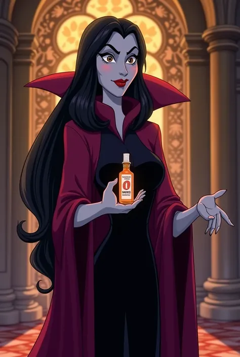 Fait moi la mere gothel entrain de tenir un médicament contre les maux de gorge dans sa main dans un style disney