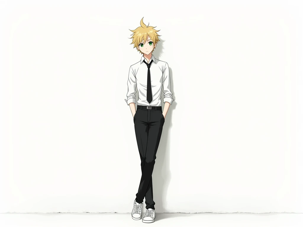 anime man,  green eyes ,  ulybka,  beautiful , High,  White shirt,  black pants , black tie,  stylish hairstyle , blond, hair like a hedgehog,   on a white background, stands leaning against the wall,  white sneakers  