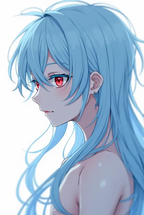 panel manwha ,  light blue haired boy with long hair,  red eyes and blue eyelashes ,  shirtless and with a cold look in profile 