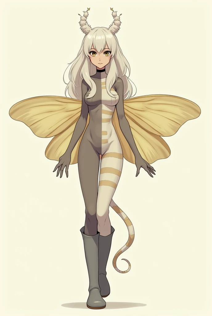  Make a girl with HALF GRAY BROWN skin , long wavy hair in an almost white shade of blonde, with fuzzy antennae on the head , fleecy moth wings in a shade of yellowish white , colan striped in a shade of light greyish yellow and light yellow.
Tall gray boo...