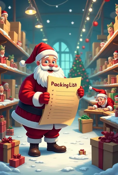 Santas toy factory with toys, elves and boxes and pallets with Santa holding the packing list document. make sure the "packing list" title is large and visible. The image should be cute and orizontal