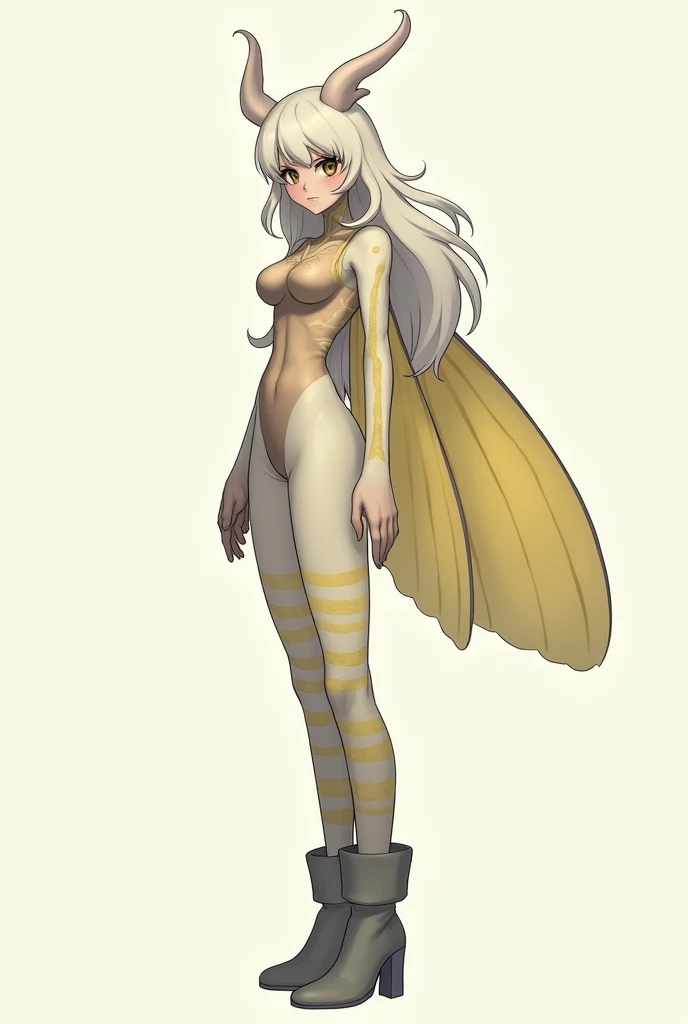  Make a girl with HALF GRAY BROWN skin , long wavy hair in an almost white shade of blonde, with fuzzy antennae on the head , fleecy moth wings in a shade of yellowish white , colan striped in a shade of light greyish yellow and light yellow.
Tall gray boo...