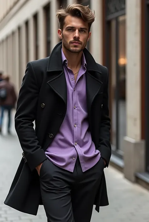 J’aimerais créer un ensemble de vêtement pour homme, mélangeant le noir, le blanc, la couleur or et le violet, et j’aimerais que ce sois décontracté 