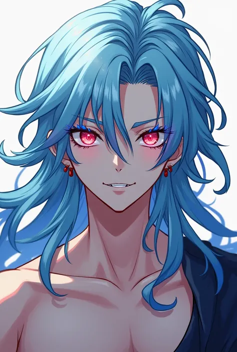 panel manwha ,  light blue haired boy with long hair,  red eyes and blue eyelashes , shirtless and with a cold look