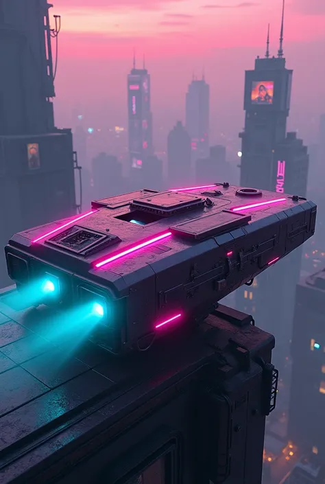 A medium-sized futuristic landing craft with a square, cyberpunk-inspired design. The craft is adorned with neon lights in vibrant pink, purple, and turquoise, reflecting off its dark metallic surface. It features industrial details like exposed circuits, ...