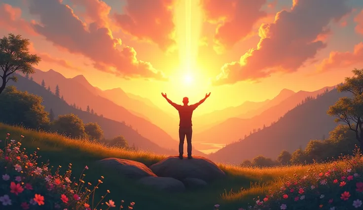  A digital illustration inspired by the biblical verse of Ephesians 5 :14,  representing the theme of awakening and light .  The scene portrays a majestic dawn ,  where the sun rises on the horizon ,  casting golden and orange rays of light that cross the ...