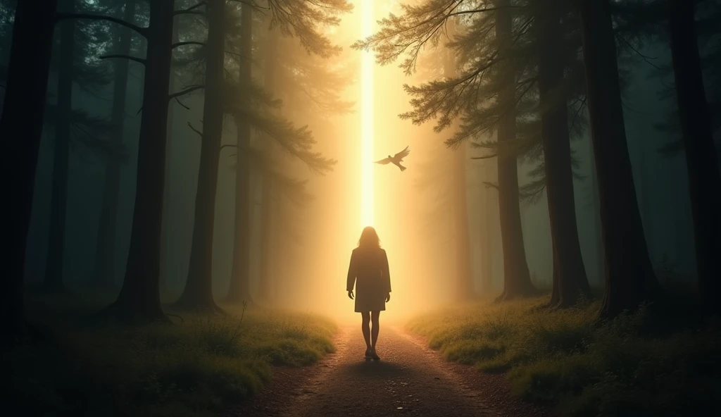 "A scene showing a person walking confidently through a dark forest, with an invisible shield of light surrounding them. Above, angels soar protectively, watching over the person. The darkness of the forest contrasts with the light surrounding the person, ...