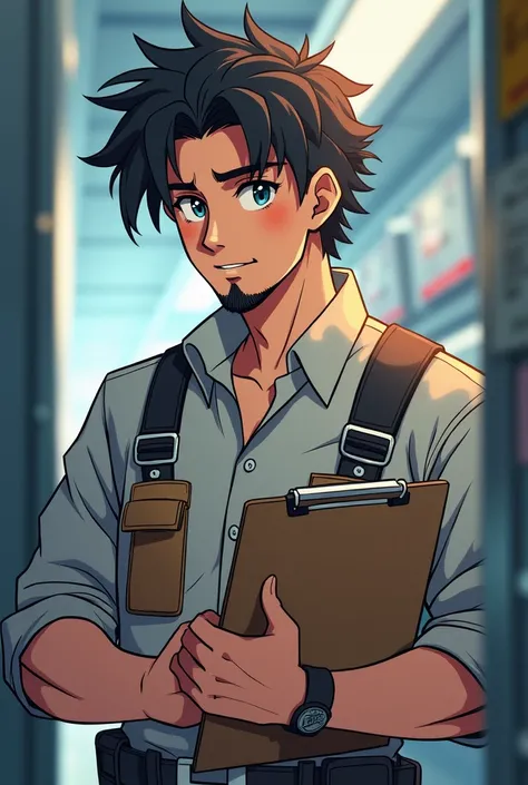 make a man who has straight and curly hair, he has a goatee, he has a clipboard in his hand, technician clothes, anime style