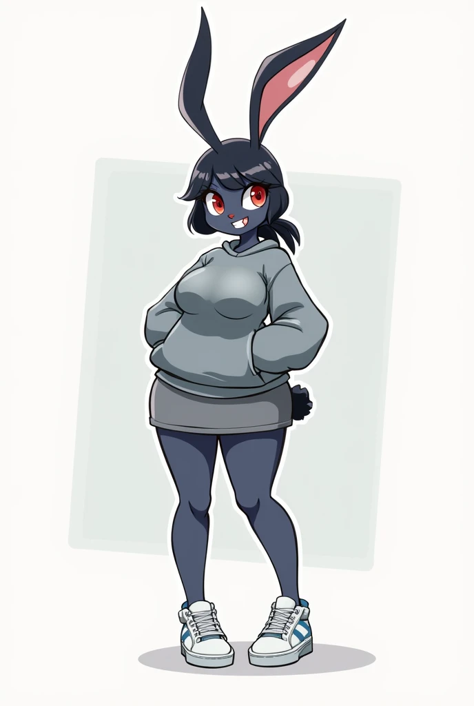 " Create an illustration of an anthropomorphic cartoon-like character that looks like Rabbit.  The character must have a stylized female figure , with breasts,  defined hips and longer, curvaceous legs . She has long ears ,  hair tied back with a bow , dar...