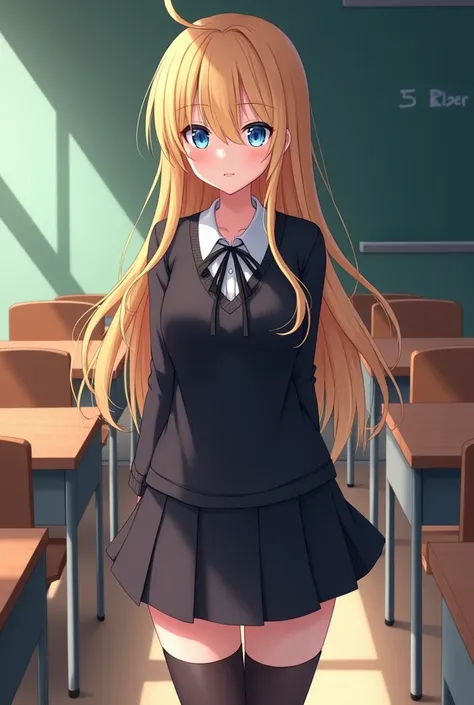 Anime girl,  long blond hair , ojos azules, tsundere,  black school uniform,  medium thighs,  short black upholstered skirt, Stockings Negras , standing in the middle of a classroom 