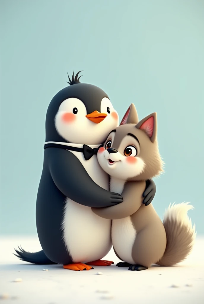 A penguin hugging a 2D animated wolf