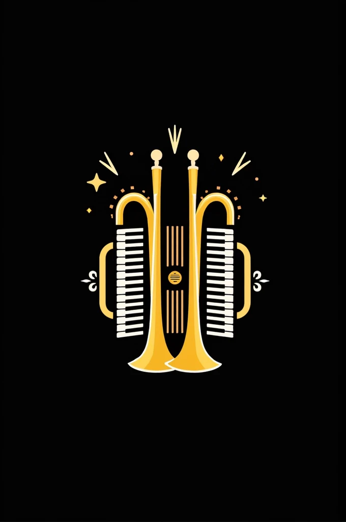 Create a logo that says Mariachi Mazatlán that has 2 trumpets and an accordion, use colors black , gold and white 