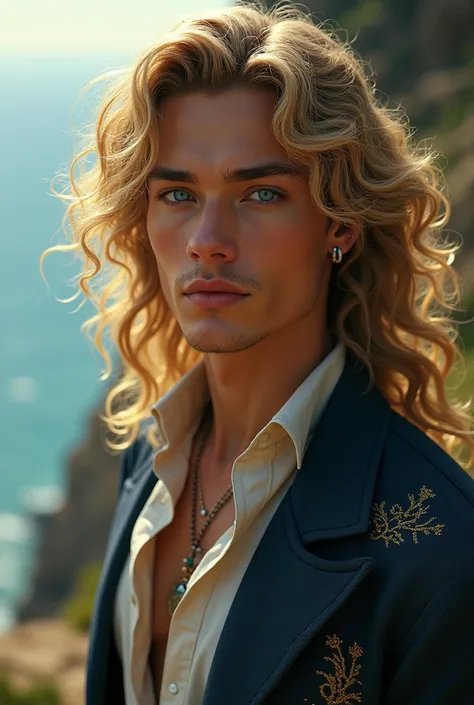 un beau prince aux longs cheveux blonds bouclés et aux yeux bleu assez androgyne, élégant et aventurier