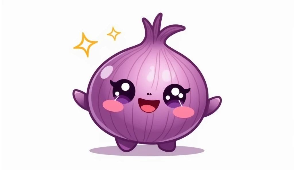 "A cute kawaii-style onion character with a beaming face, large sparkling eyes, and rosy cheeks. The onion is purple. It has a round shape, tiny arms, and legs, and looks cheerful and approachable. The character is centered on a plain white background."