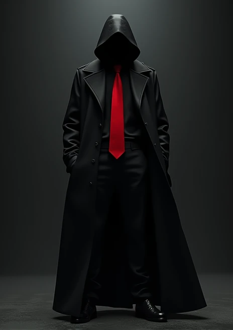 Completely black clothing red tie 