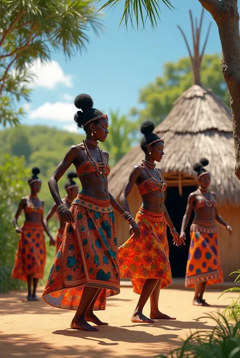 Watusi women dancing in front of their hut