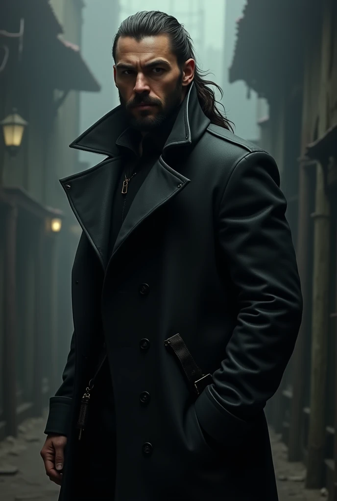 Spawns a male mercenary in a black trench coat, that has her hair tied in a ponytail, that he has a full beard and that he does not have weapons kim woo bin