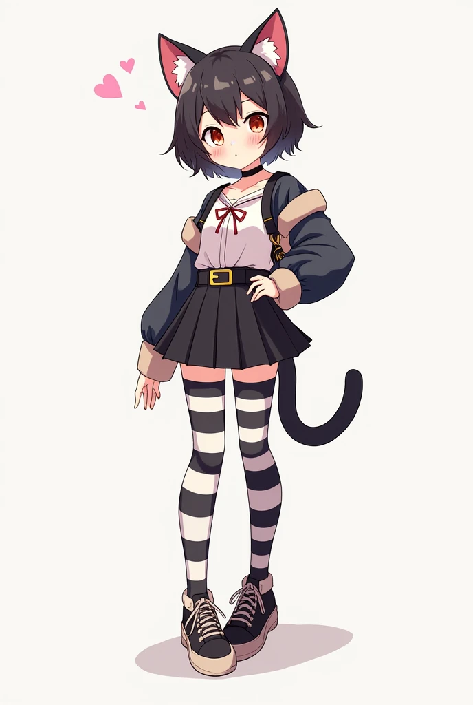 Man wearing horizontally striped black and white thigh highs ,skirt,cat ears,cat tail,femboy