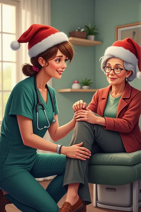 Female physiotherapist wearing Christmas hat performing physical rehabilitation treatment to an older adult patient with knee pain 