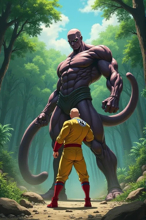 Photo dune bataille dans la forêt. Dwayne johnson dans le costume de saitama (de lunivers one punch man donne un coup de poing à distance, contre cell (de lunivers dragon ball z). Cell essaie de labsorbé , avec sa queue  Les deux personnages sont très diff...