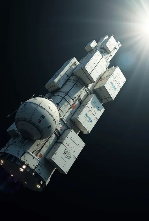 Photograph. Lens flare. Cinematic. Dramatic close up  view of a white spacecraft space station floating in black space. Several different pale boxes and cylinders  stuck together.. Highly detailed. Covered in coloured logos and markings and abstract text. ...