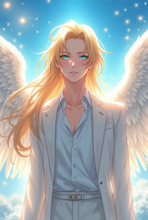 An anime man with long blond hair with long forehead and blue eyes has white wings