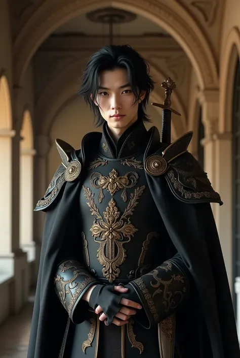 Male aristocrat, knight, refined, white skin, soft face, 45 years old, slightly Asian appearance, wearing a heavy tarzan, with a sword on his side, shoulder-length hair, black hair, looking directly at the camera, very thin, very narrow shoulders, black ey...