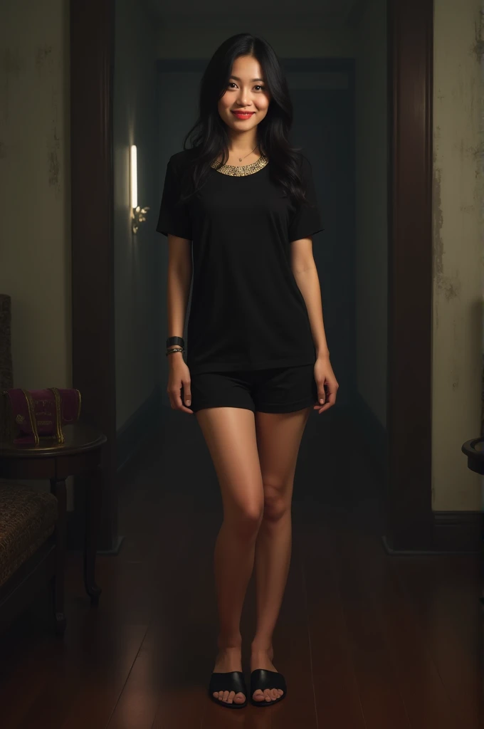 king, far away,  Dark Brown Hair, very thin,  Big breasts , roasted fine, black t-shirt and shorts ,  smiling,  black high heel sandals,  Indonesian face , Room, Selfie, ((Selfie))