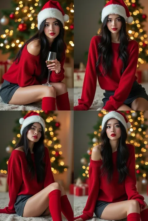 "Create a collage of four images featuring
the same young woman with long, dark
hair styled naturally. She is wearing a
slightly more alluring outfit: a
fitted, oversized red sweater that hangs
off her shoulder, a dark gray tennis skirt
that sits higher on...