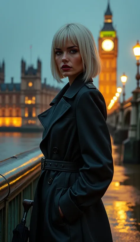 Lonndon
A fierce, platinum-blonde woman with piercing ice-blue eyes, wearing a tailored trench coat cinched at the waist, paired with high-heeled boots. Her sharp bob reflects the golden lights of the city, and she clutches a sleek black umbrella as if she...