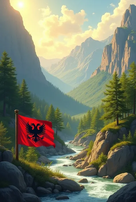  Create an image about Albania, landscapes ,  the flag and the inscription  :  faleminderit Shqipëri ! 
 nuk do të harrojmë ..
 You must insert the inscription and the flag must be smaller. CREATE AN ILLUSTRATION  